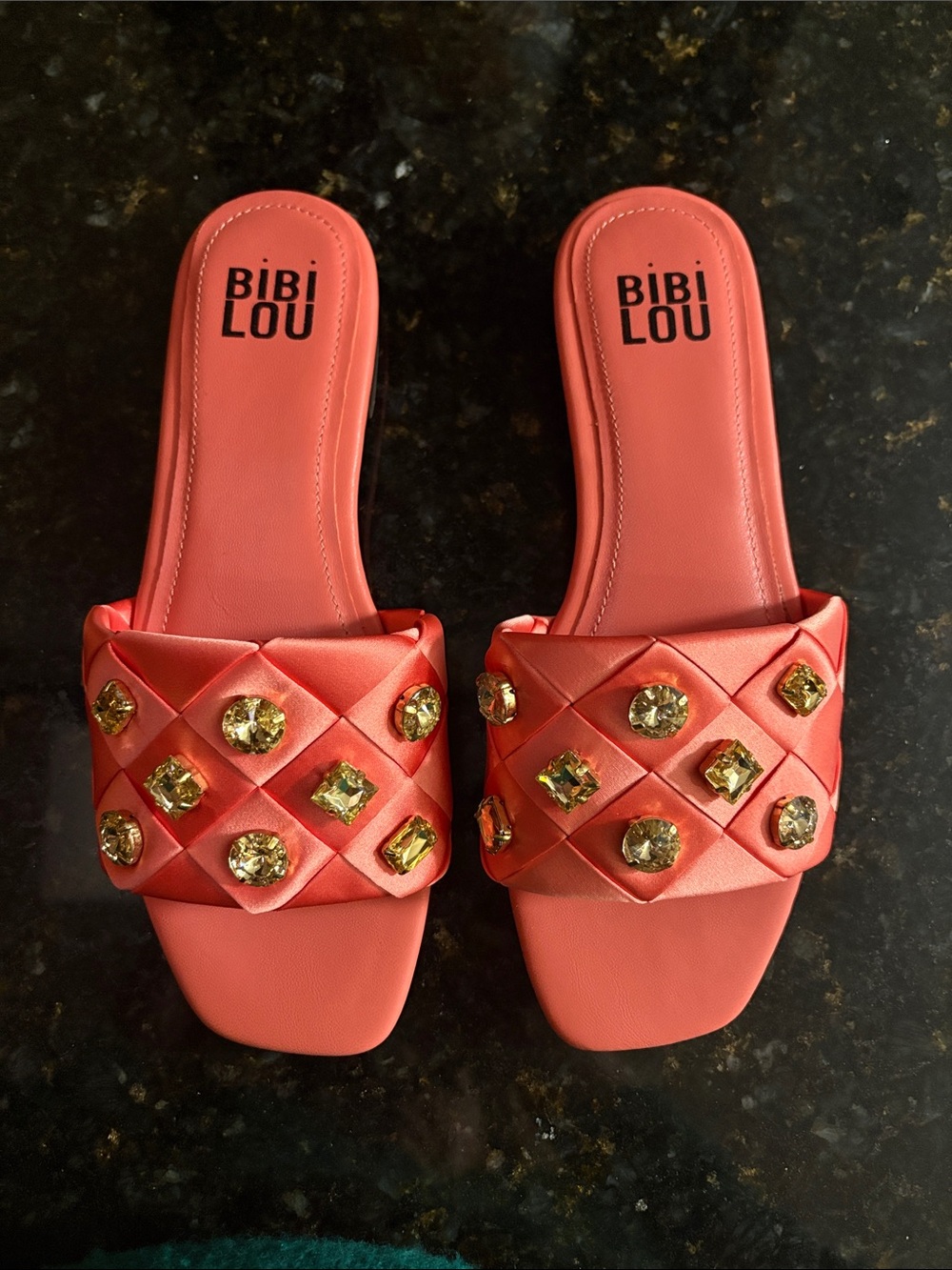 New, no box - Bibi LOU Coral Slide Sandals with Gold Crystal Embellishments